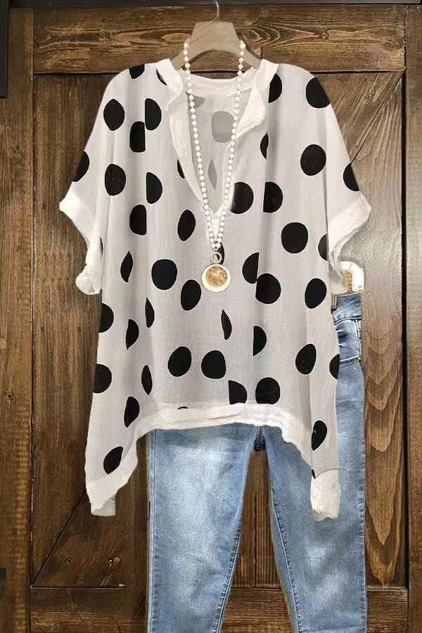 Women's summer new short-sleeved big polka-dot V-neck T-shirt top