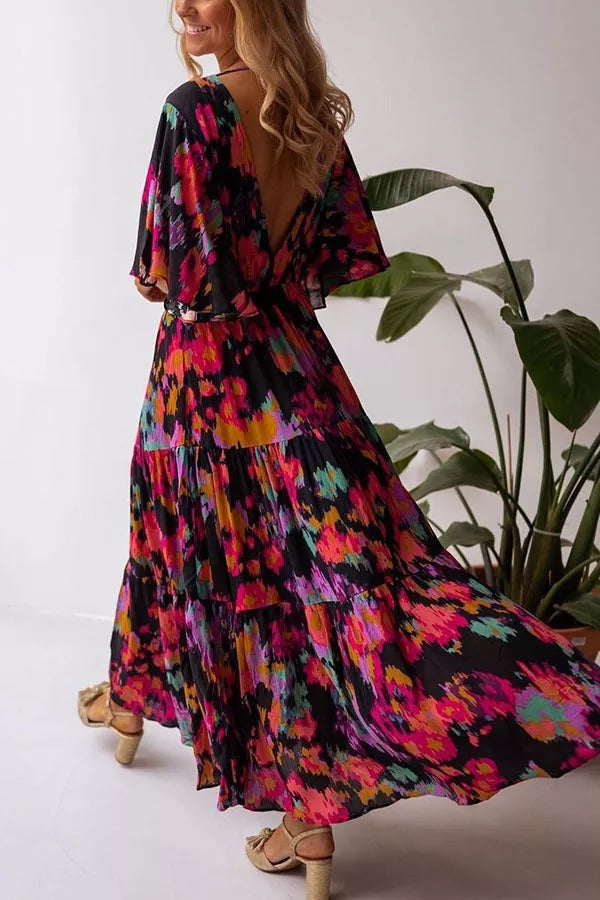 Wonderful Waves Floral Backless Maxi Dress