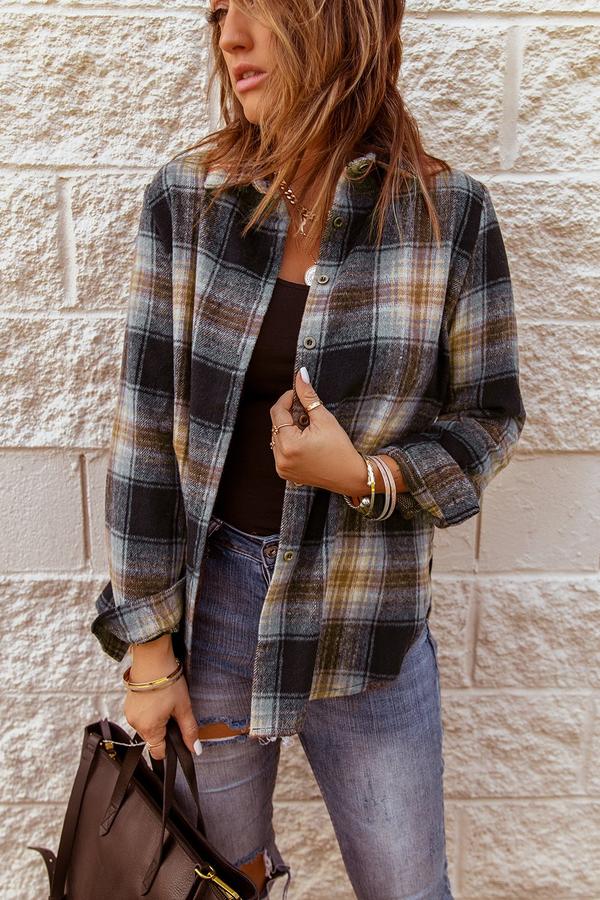 Oversize Rounded Hem Plaid Shirt with Slits