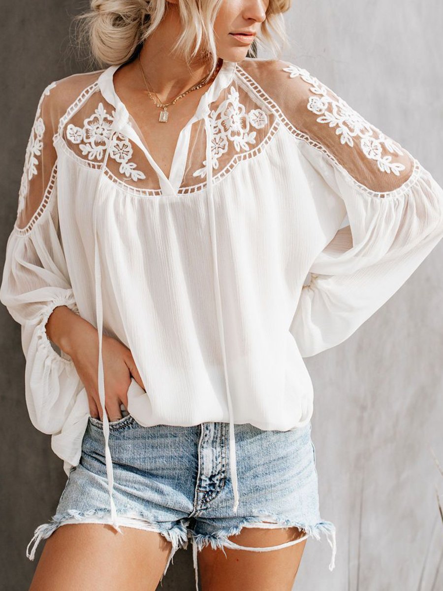 Solid Long Sleeve Lace Stiching Loose Chiffon Blouse