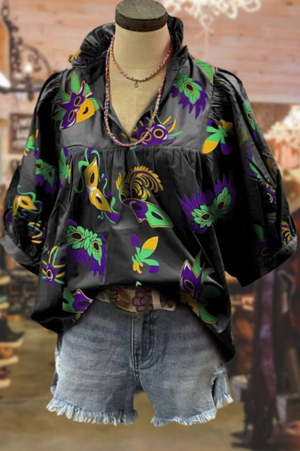 Mardi Gras V-Neck Bubble Sleeve Top