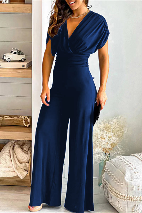 V-neck solid slim fit Waist Wide Leg Jumpsuit