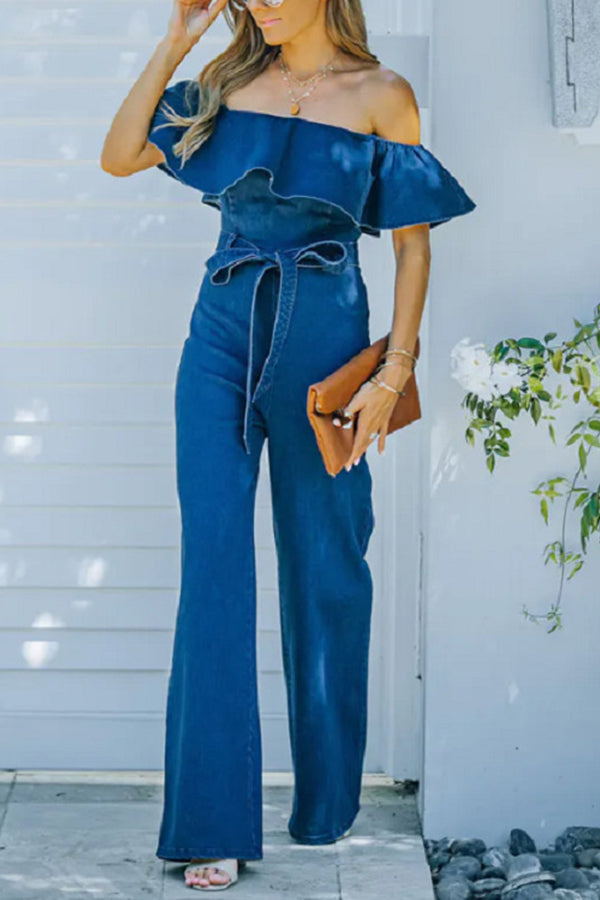 Fashion Solid Denim Faux One Shoulder Ruffle Jumpsuit