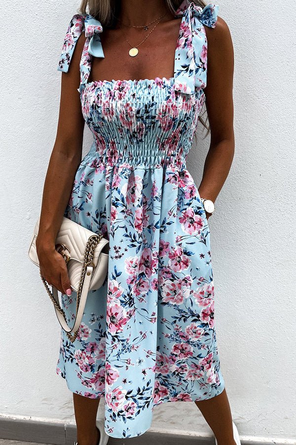 Floral Print Sexy Sling Pocket Midi Dress