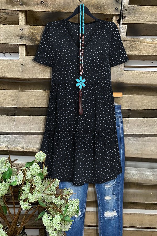 Casual V-neck Polka Dot Ruffled Dress