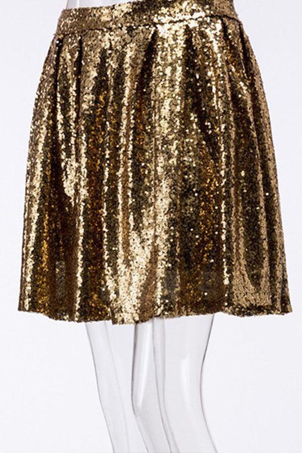 Gold Sequined Bust Pleated Skirt