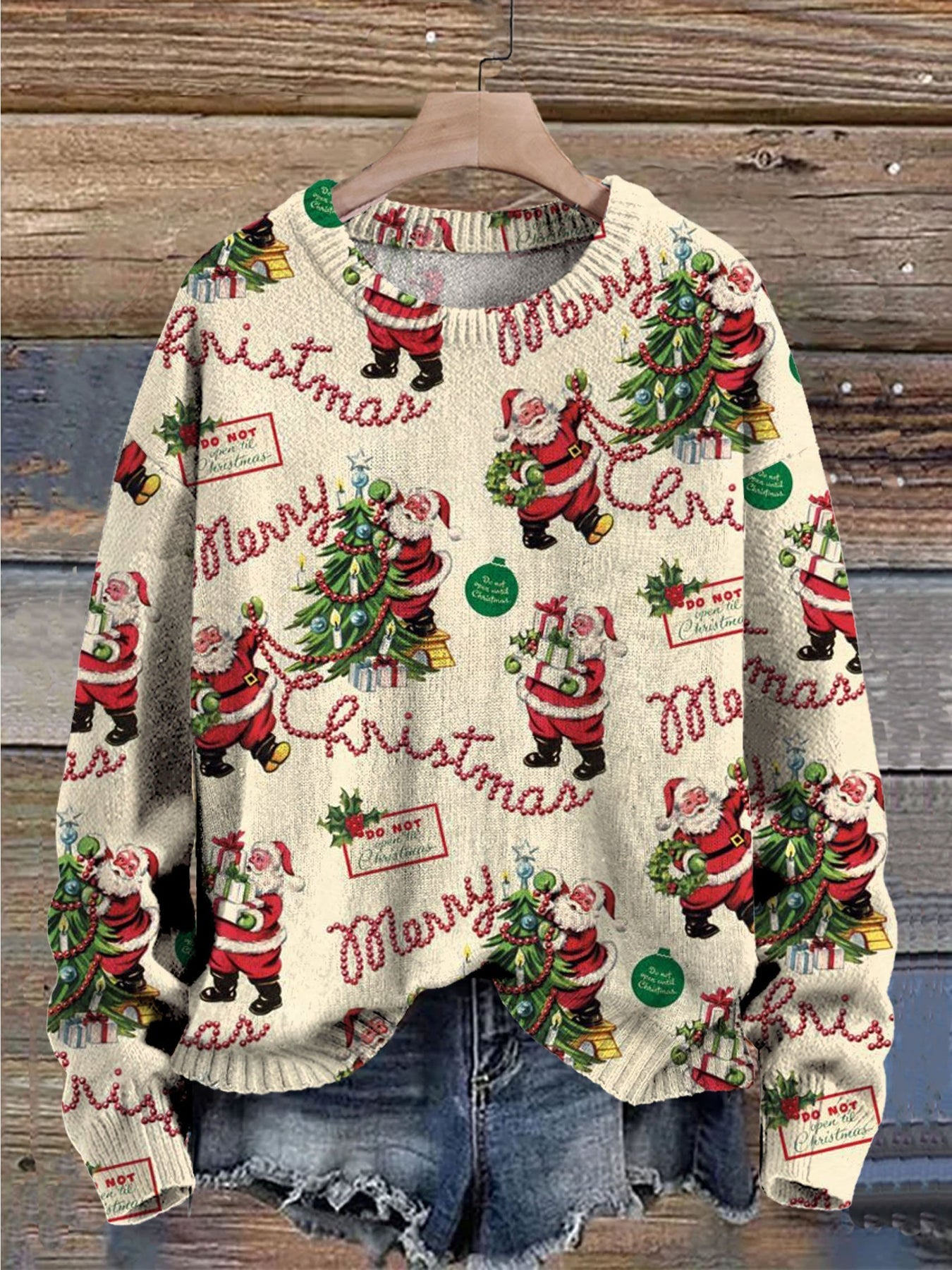 Christmas Tree Santa Claus Gifts Print Knit Pullover Sweater