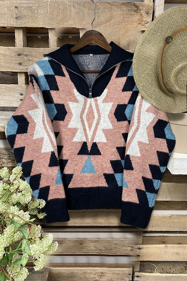 Turtleneck Half-zip Geometric Pattern Sweater