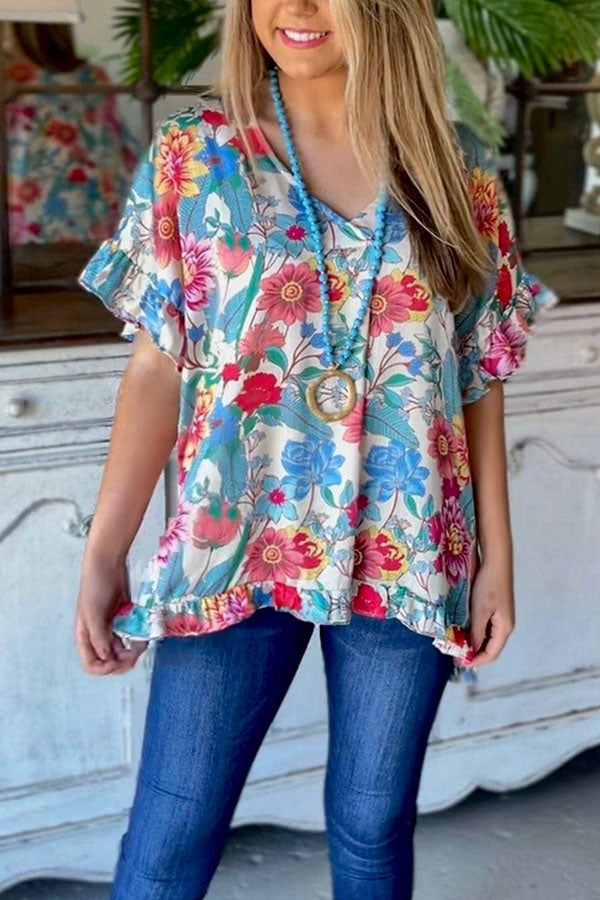 Romantic Floral Comfort Top - Ruffle Sleeves