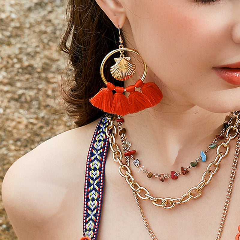 Shell Alloy Big Circle Tassel Earrings