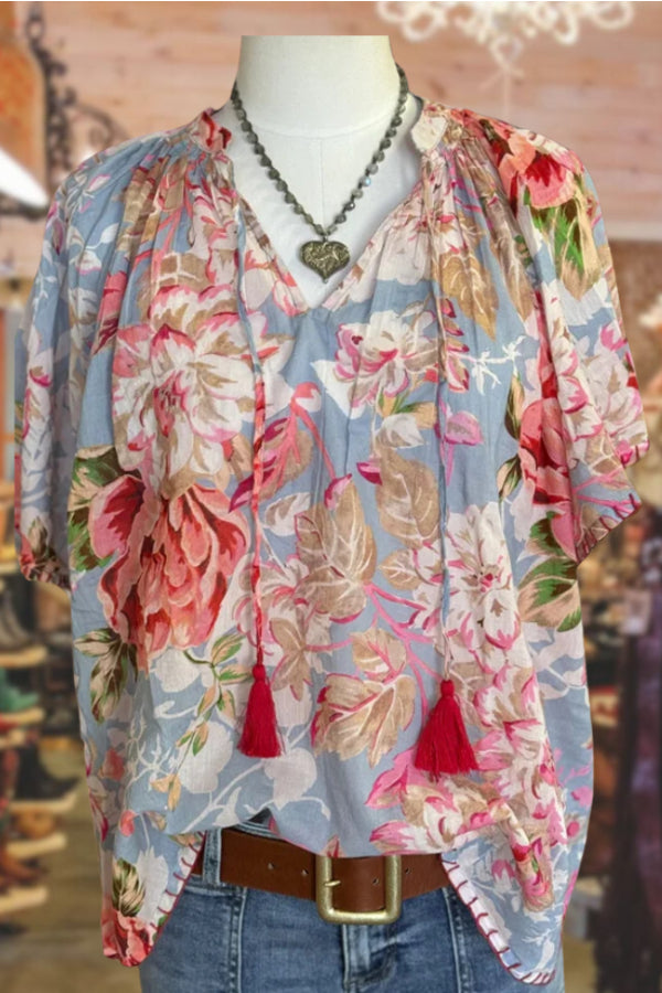 Floral Print V-Neck Tassels Top