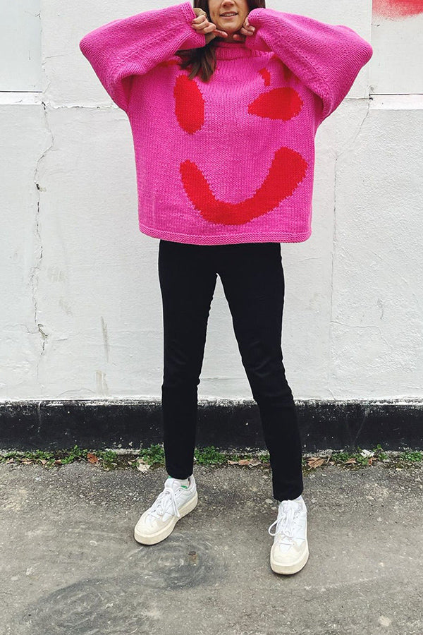 FEEL GOOD KNIT COLORFUL SMILEY FACE LOOSE PULLOVER SWEATER