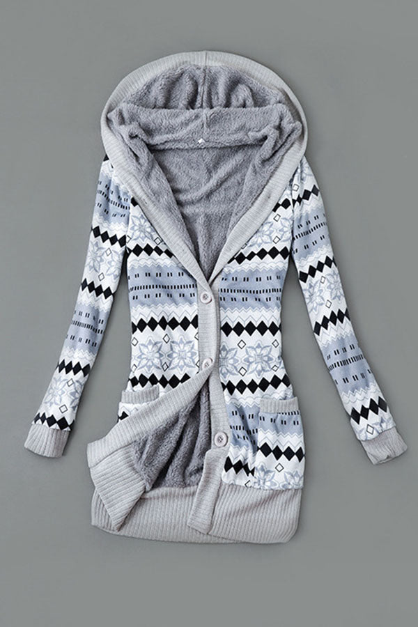 Printed Hooded Fleece-Lined Sweater Jacket