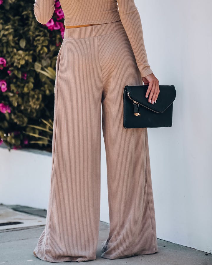 POCKETED RIBBED WIDE LEG PANTS