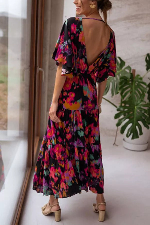 Wonderful Waves Floral Backless Maxi Dress