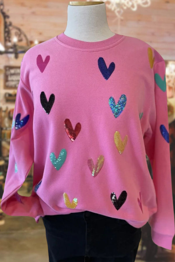 Colorful Heart Print Crew Neck Sweatshirt