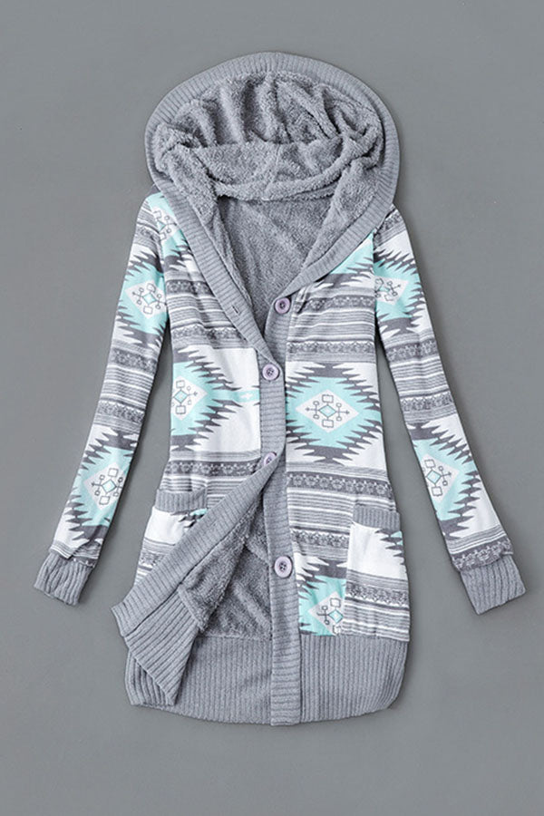 Printed Hooded Fleece-Lined Sweater Jacket