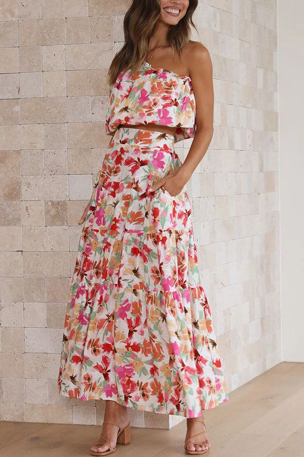 Sunny Spritzer Floral Pocketed One Shoulder Midi Skirt Set