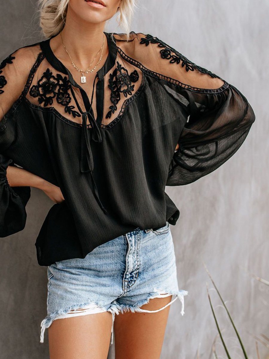 Solid Long Sleeve Lace Stiching Loose Chiffon Blouse