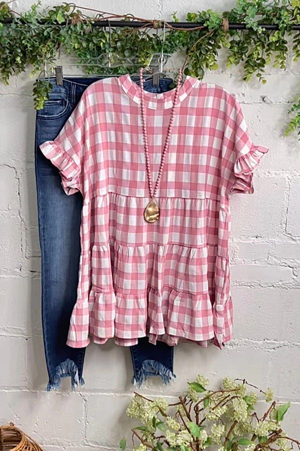 Ladies Plaid Ruffle Short Sleeve T-Shirt