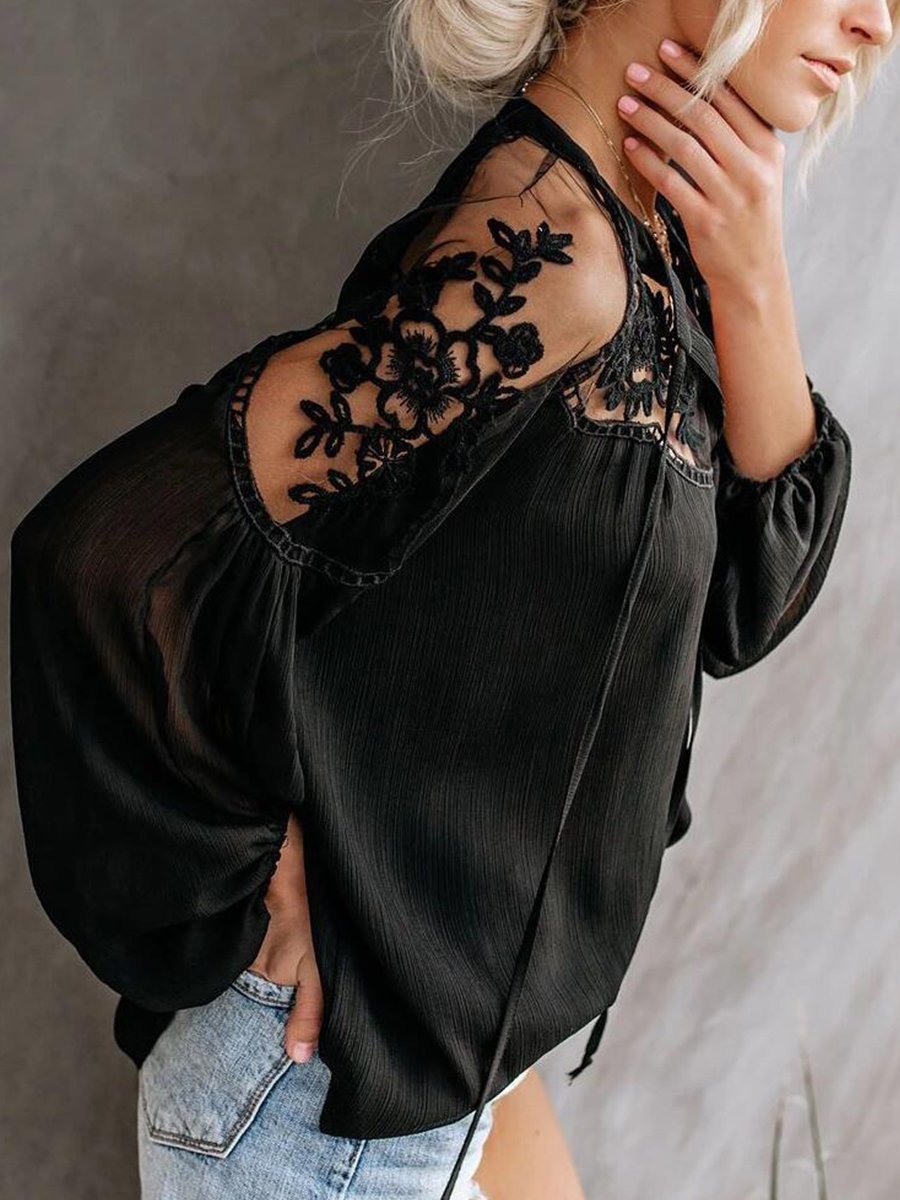 Solid Long Sleeve Lace Stiching Loose Chiffon Blouse