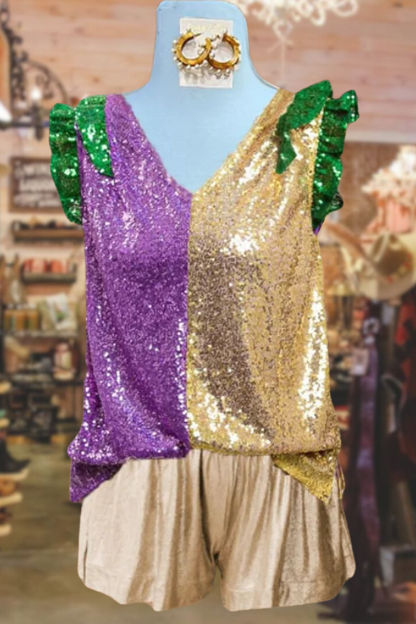 Color Block Sequin V-Neck Mardi Gras Top