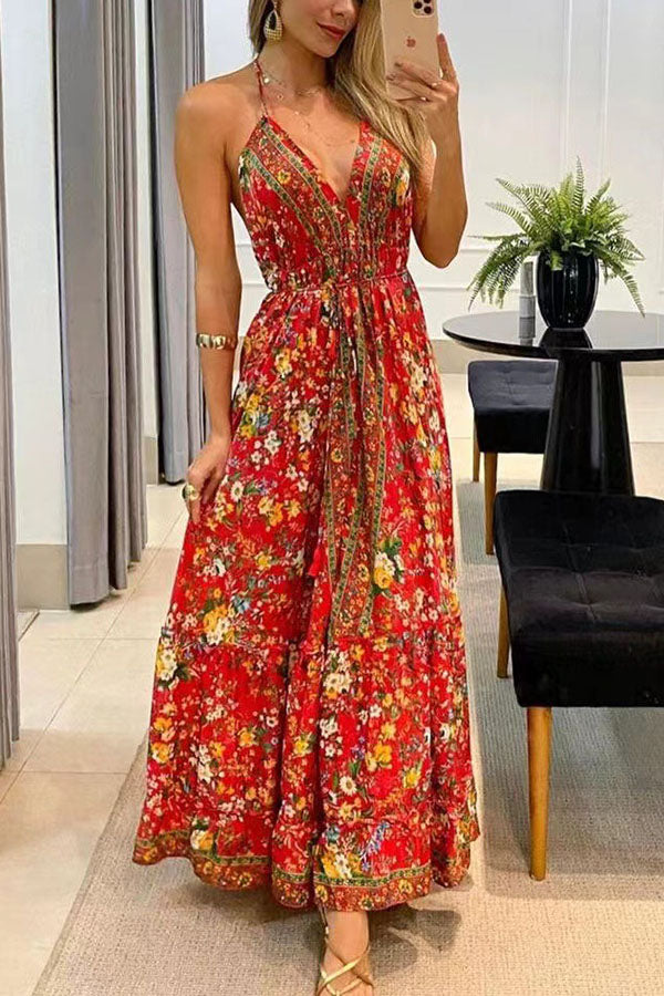 True Meaning Printed Backless Vacation Maxi Dress