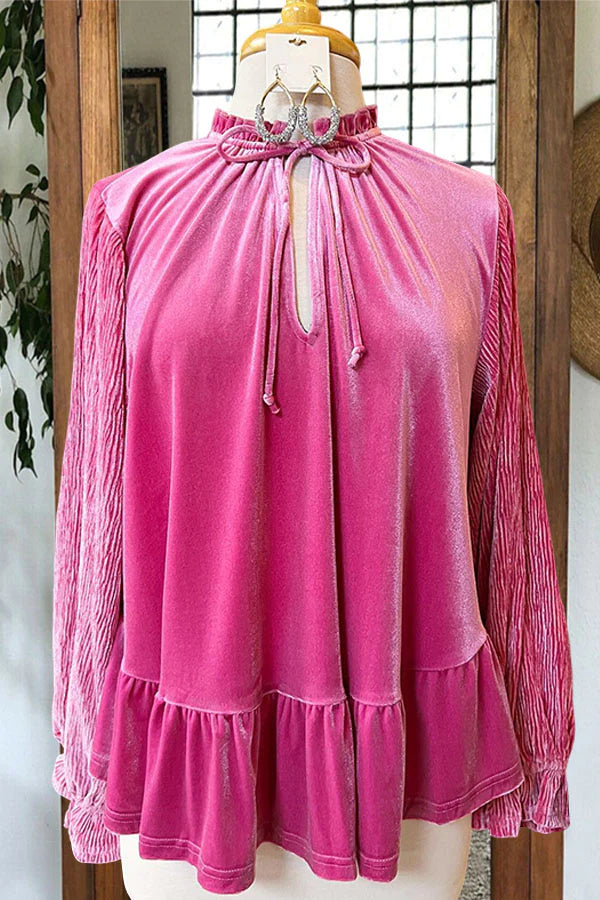 Casual Ruffled Lace-up Velvet Top
