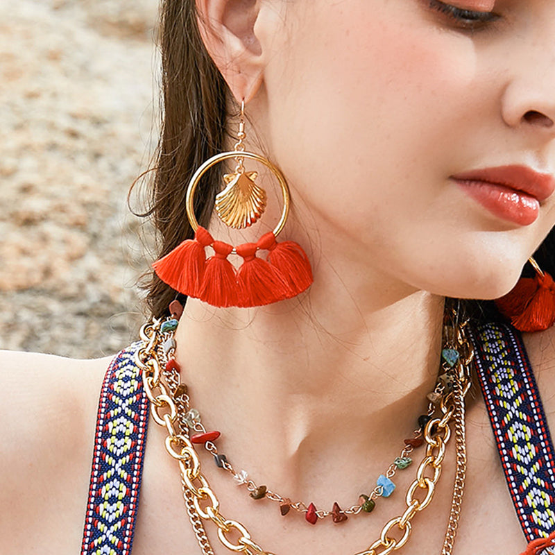 Shell Alloy Big Circle Tassel Earrings