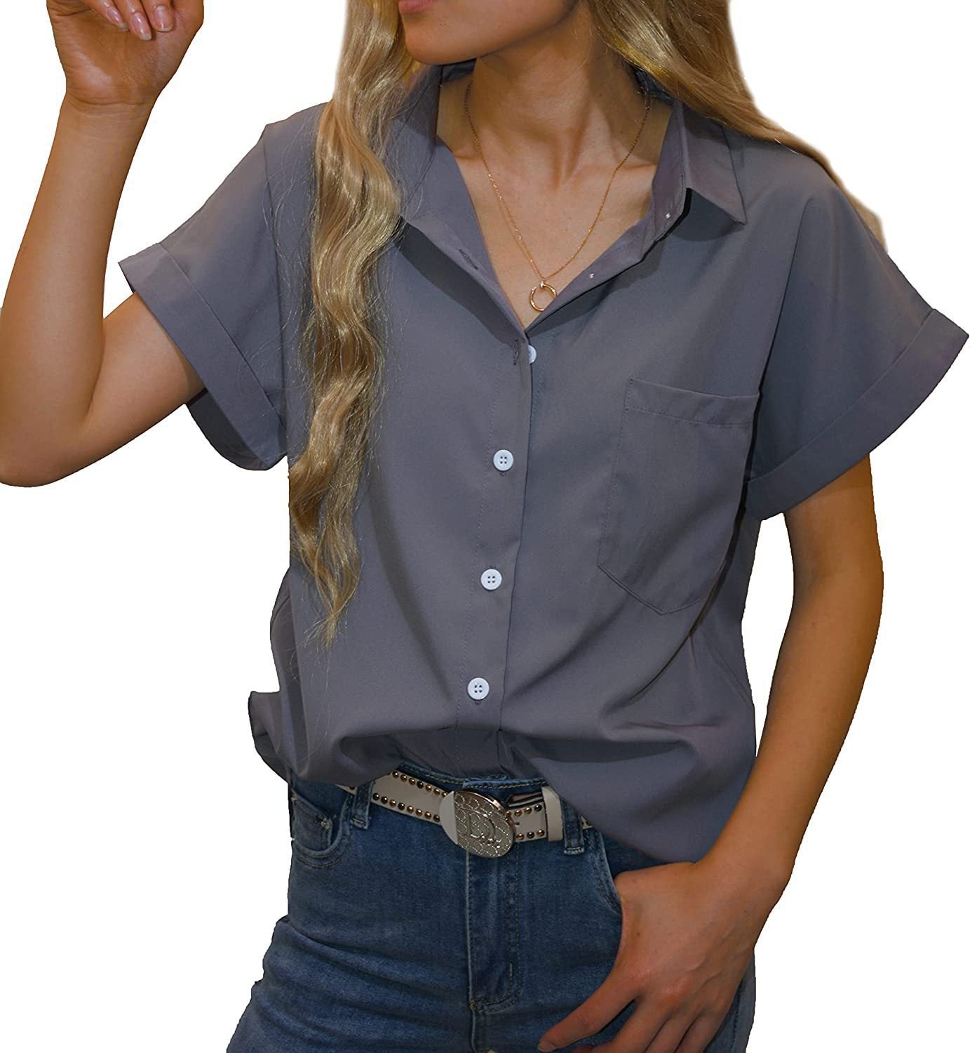 Women's Short-sleeved T-shirt V-neck Button-up Blouse