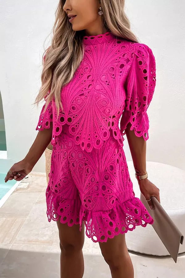 Pretty Personality Crochet Lace Shorts Suit