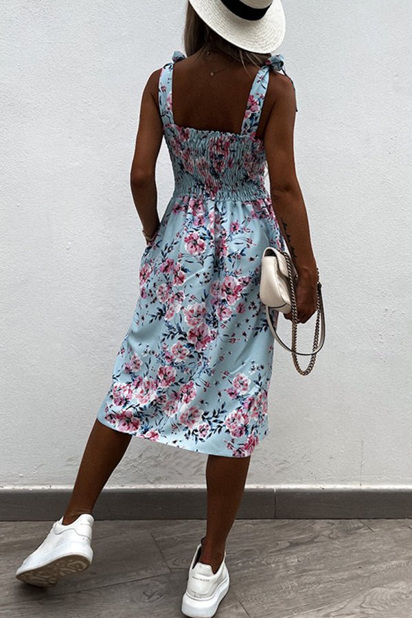 Floral Print Sexy Sling Pocket Midi Dress