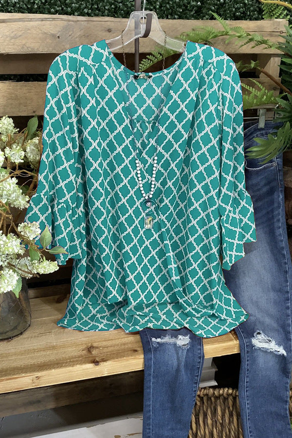 women's argyle print V-neck loose top