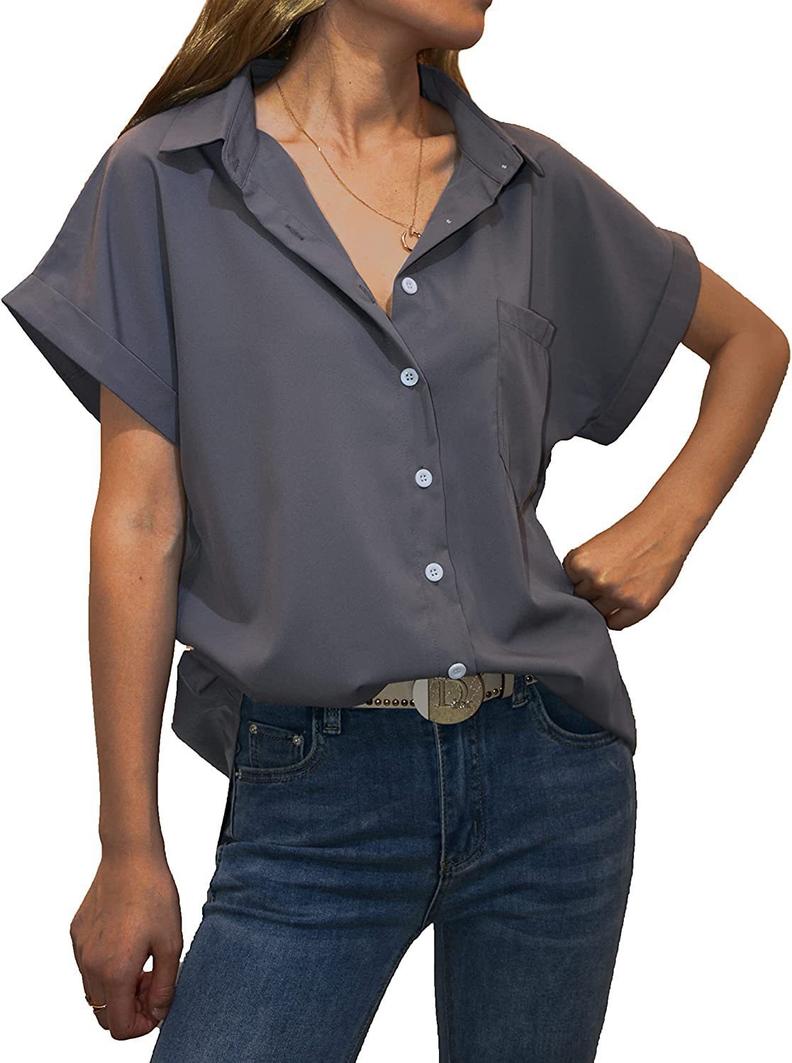 Women's Short-sleeved T-shirt V-neck Button-up Blouse