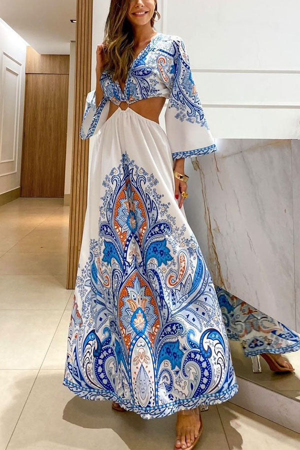 Endearing Melody Paisley Print Cutout Waist Maxi Dress