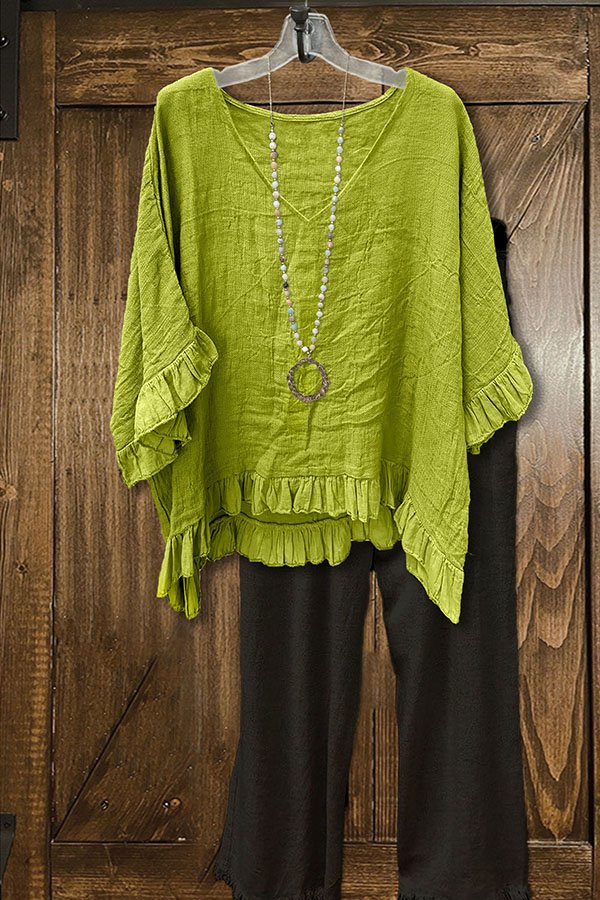 Loose Ruffled Pleated V-neck Blouse