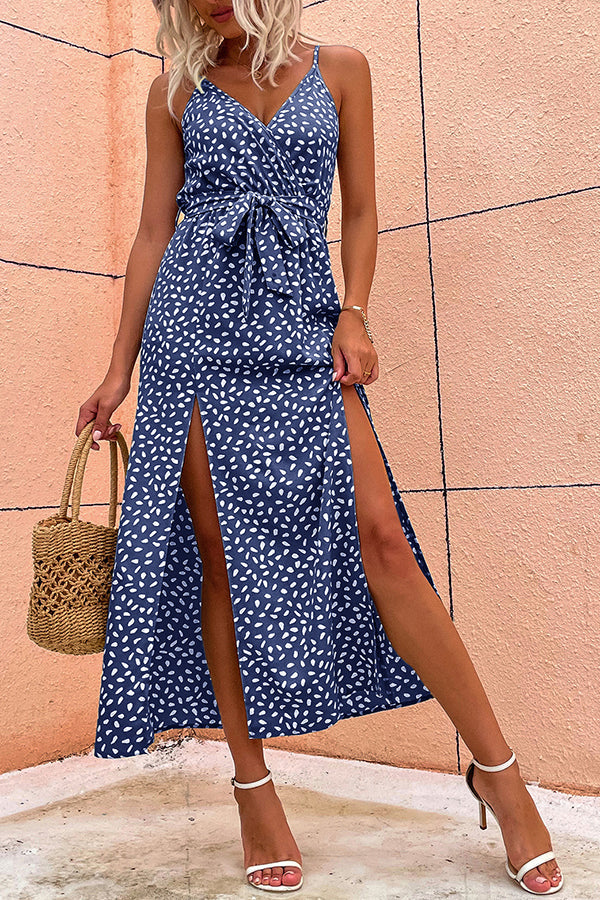 V-neck Sling Floral Lace-up Long Dress