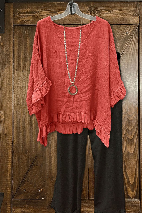 Loose Ruffled Pleated V-neck Blouse