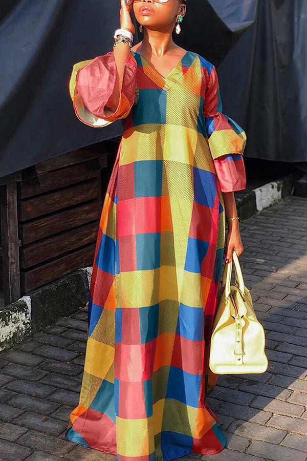 Robe sexy à manches courtes et col en V, coupe trapèze, longueur au sol, à volants, imprimée