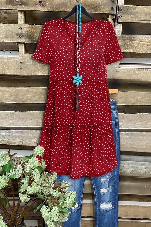 Casual V-neck Polka Dot Ruffled Dress