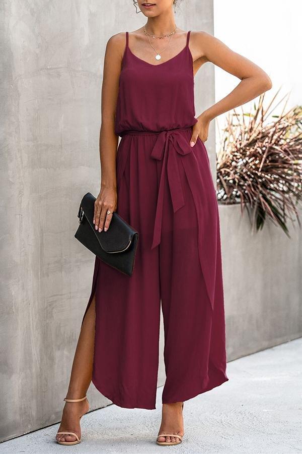 Fashion V-neck Suspender Wide-leg Slit Jumpsuit (With Belt)