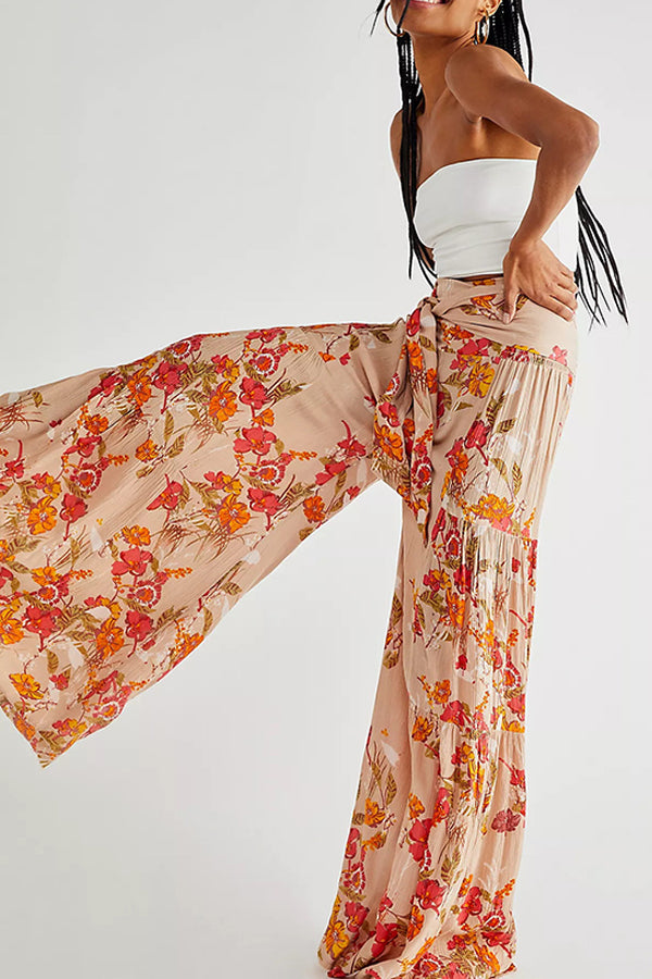 Printed Women's Loose Beach Wide Leg Lace-up Trousers