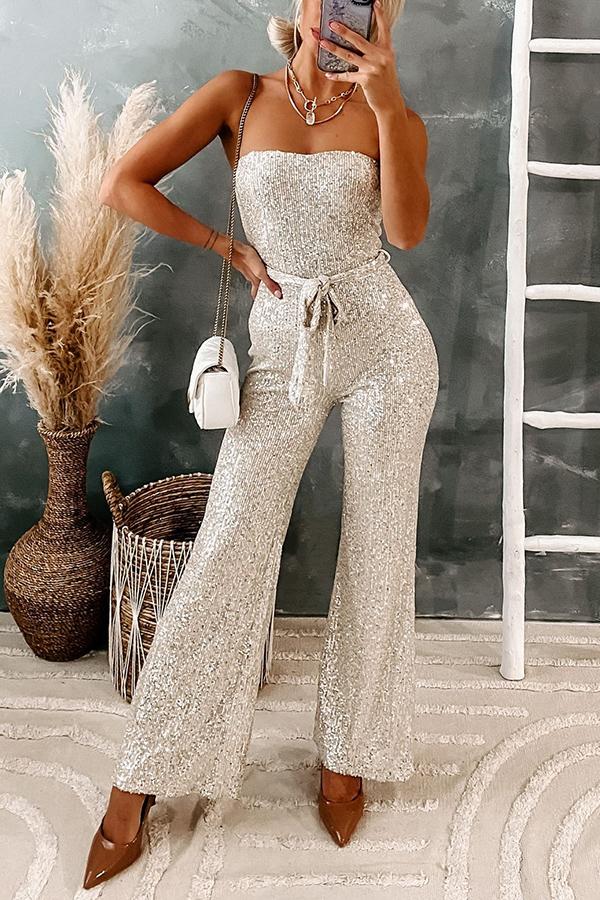 Belted Off-shoulder Sequin Jumpsuit