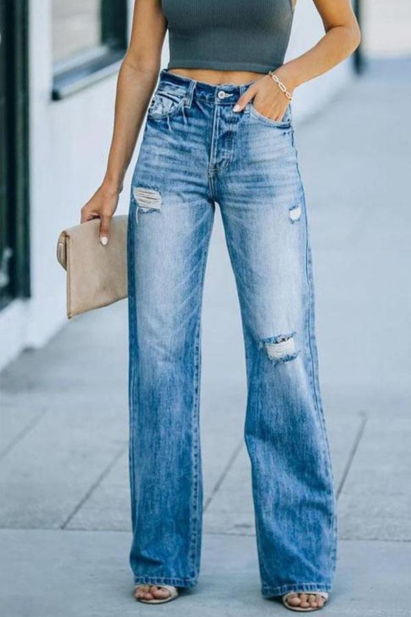 Shayna Chic Waist Ripped Denim Wide Leg Jeans