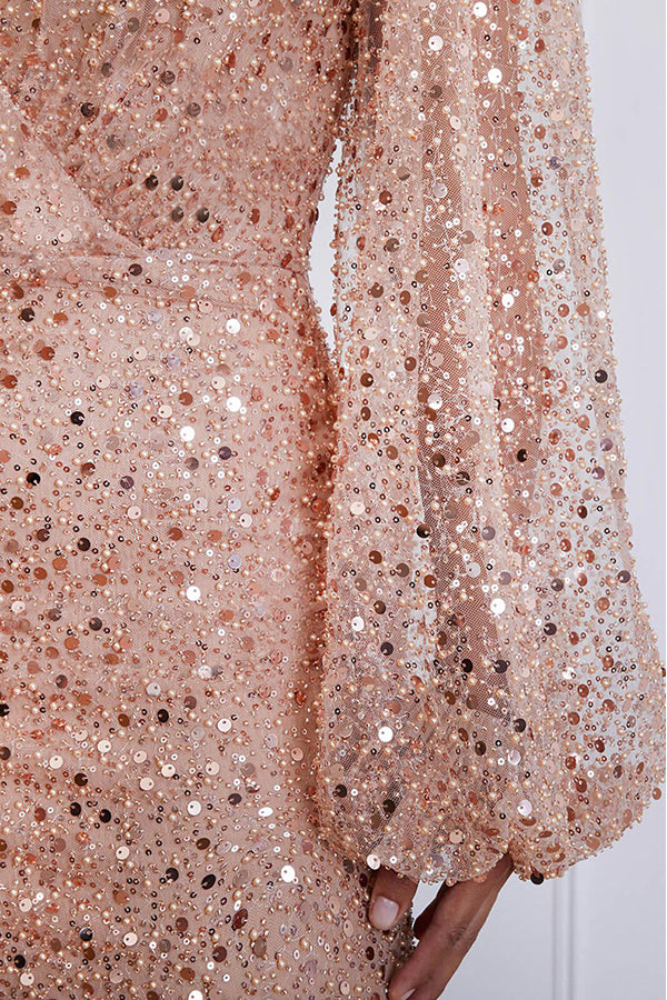 Sequined Fitted Mid-Rise Long Sleeve Dress