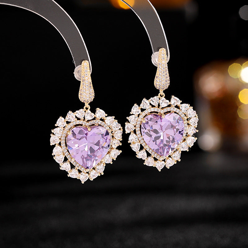 Zircon Inlaid Heart-Shaped Earrings