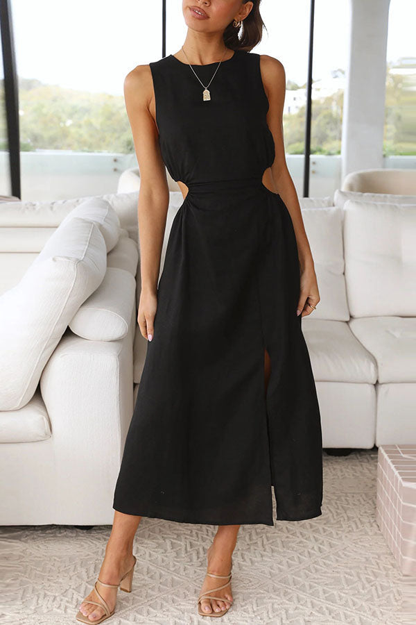 Smile for You Linen Blend Cutout Waist Slit Midi Dress