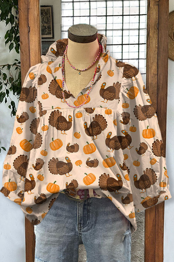 Turkey Pumpkin Print Pleated V-neck Puff Sleeve Top