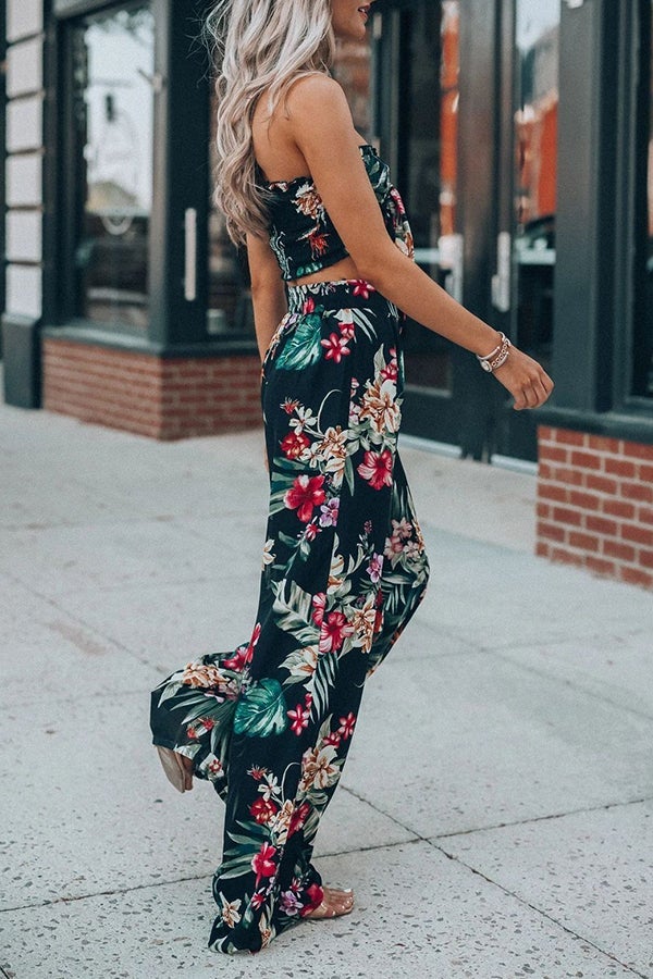 Boho Print Tube Top Wide Leg Pants Two-piece Suit