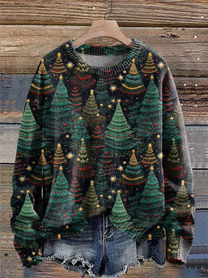 Vintage Christmas Tree Christmas Night Print Knit Pullover Sweater